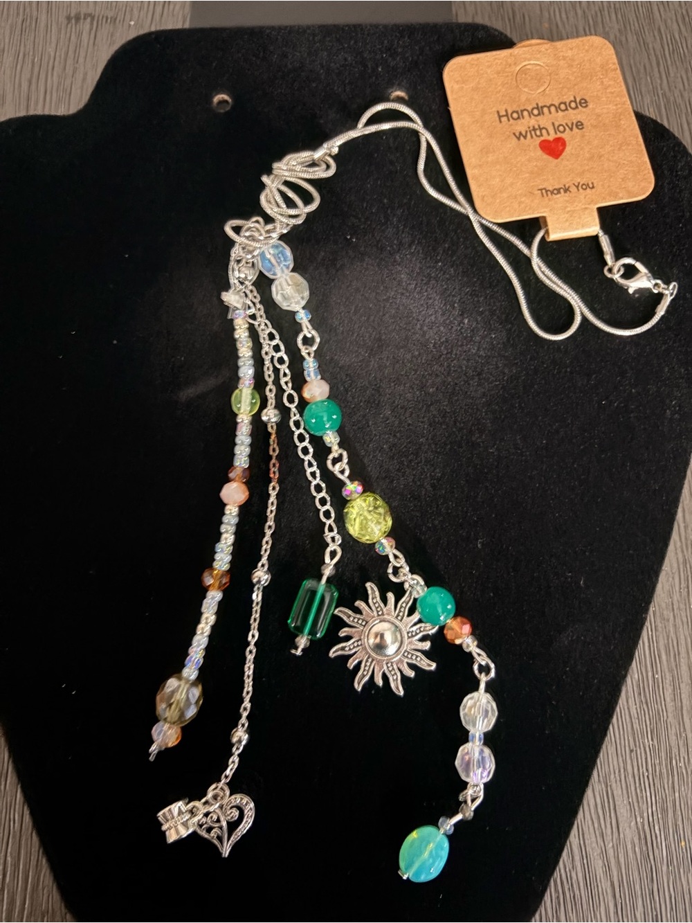 Handmade Silver Sun & Bead Dangle Rearview Mirror Charm — Green Multicolor